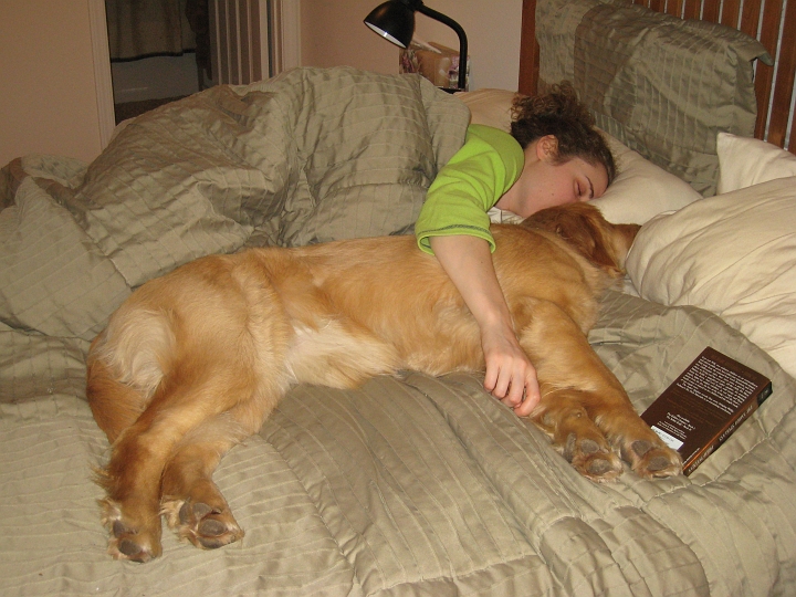 IMG_1777.JPG - Every week after agility class we're  all  really tired.  It looks like Zoe was going to read "The Golden Compass" to Merrie but fell asleep before she could start reading.